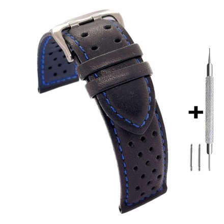 Czarno-niebieski pasek 22 mm skórzany DILOY 380.22.52 + GRATIS dwa teleskopy i narzędzie