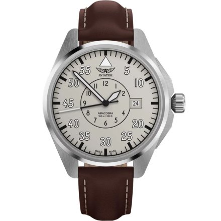 Zegarek Męski Aviator Swiss Made V.3.39.0.342.0 Aviator Airacobra 43 Heritage srebrny z brązowym paskiem