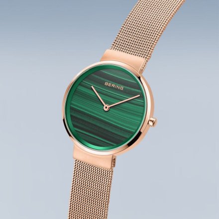 Zegarek Bering Classic 14531-368 damski różowozłoty z zieloną tarczą