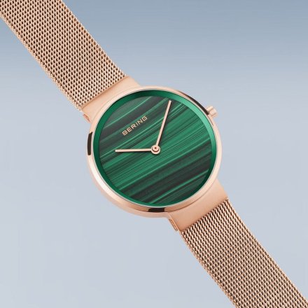 Zegarek Bering Classic 14531-368 damski różowozłoty z zieloną tarczą