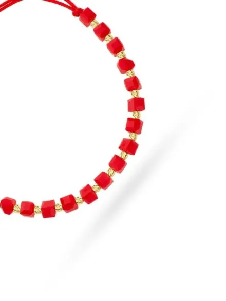 Bransoletka diamentowane kulki i czerwone kamienie na sznurku • Złoto 585 0.68 g