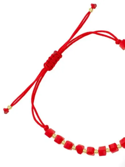 Bransoletka diamentowane kulki i czerwone kamienie na sznurku • Złoto 585 0.68 g