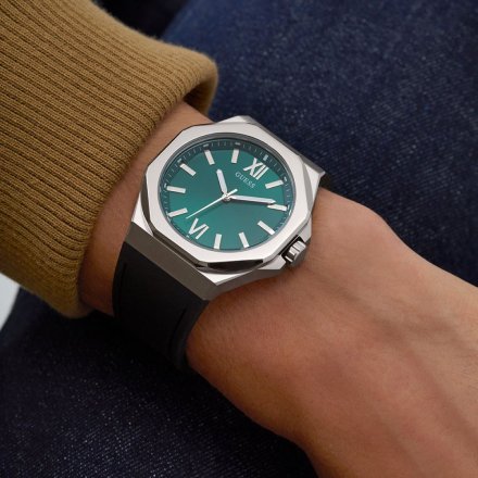 Guess Emperor GW0850G1 srebrny zegarek męski na pasku zielona tarcza