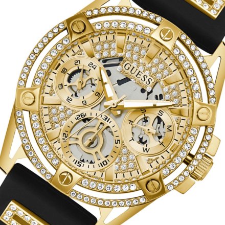 Guess Queen złoty zegarek damski z kryształami i czarnym paskiem GW0536L3