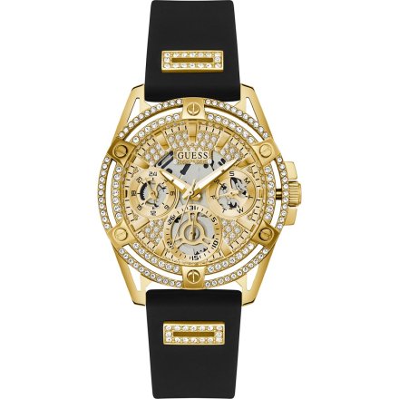 Guess Queen złoty zegarek damski z kryształami i czarnym paskiem GW0536L3