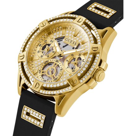 Guess Queen złoty zegarek damski z kryształami i czarnym paskiem GW0536L3