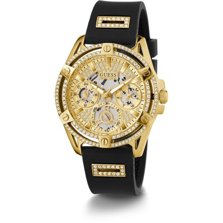Guess Queen złoty zegarek damski z kryształami i czarnym paskiem GW0536L3