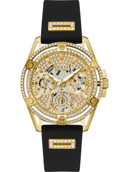 Guess Queen złoty zegarek damski z kryształami i czarnym paskiem GW0536L3