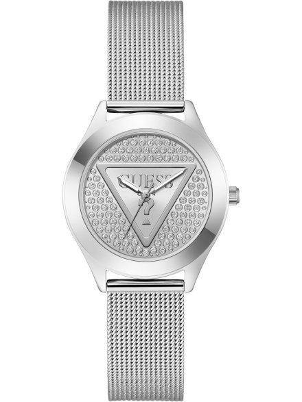 Guess Tri Plaque srebrny zegarek damski na bransolecie z kryształkami GW0835L1