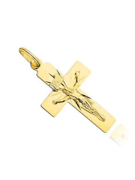 Zawieszka krzyżyk złoty z Jezusem i diamentowanymi promieniami • Złoto 585 0.95 g