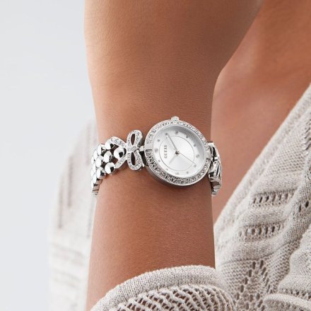 Guess Ribbon srebrny zegarek damski na bransolecie z kryształkami GW0838L1