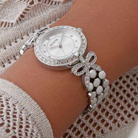 Guess Ribbon srebrny zegarek damski na bransolecie z kryształkami GW0838L1