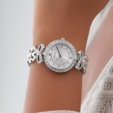 Guess Ribbon srebrny zegarek damski na bransolecie z kryształkami GW0838L1