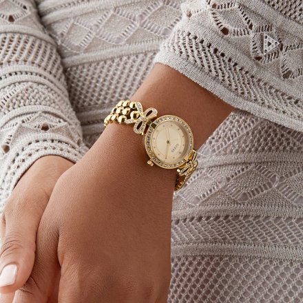 Guess Ribbon złoty zegarek damski na bransolecie z kryształkami GW0838L2