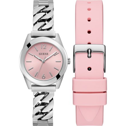 Guess Serena zegarek damski srebrny łańcuch różowy pasek zestaw GW0845L1