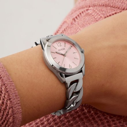 Guess Serena zegarek damski srebrny łańcuch różowy pasek zestaw GW0845L1
