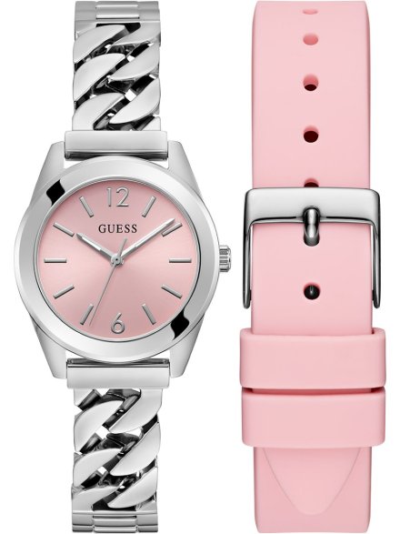 Guess Serena zegarek damski srebrny łańcuch różowy pasek zestaw GW0845L1
