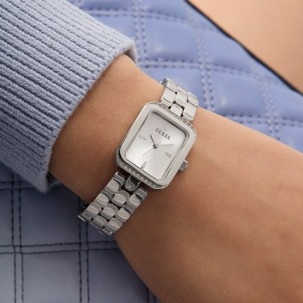 Guess Isla prostokątny zegarek damski srebrny na bransolecie GW0865L1