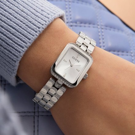 Guess Isla prostokątny zegarek damski srebrny na bransolecie GW0865L1
