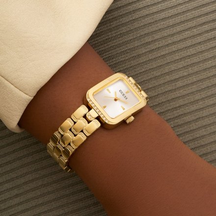 Guess Isla prostokątny zegarek damski złoty na bransolecie GW0865L2