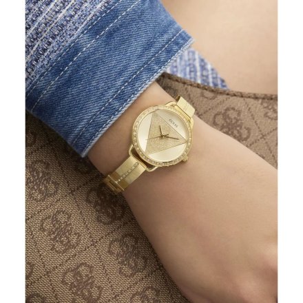 Guess Tri Bellini złoty zegarek damski na bransolecie z kryształkami GW0914L2