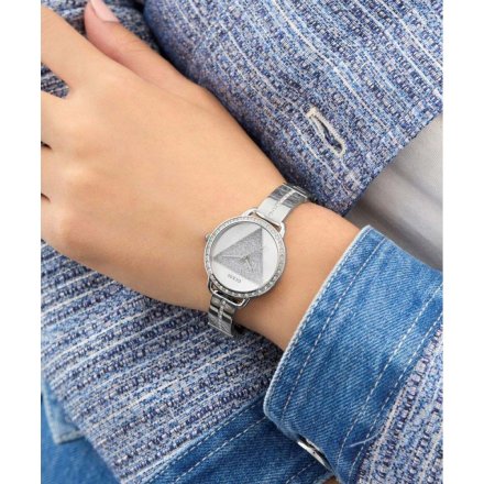 Guess Tri Bellini srebrny zegarek damski na bransolecie z kryształkami GW0914L1