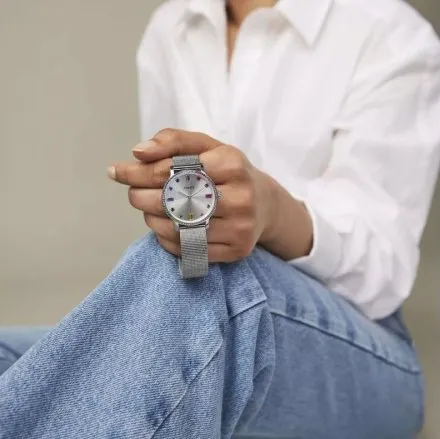 Timex Transcend TW2W19100 srebrny zegarek damski z kolorowymi indeksami