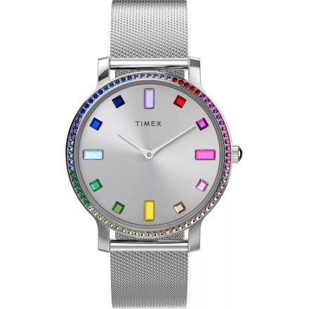 Timex Transcend TW2W19100 srebrny zegarek damski z kolorowymi indeksami