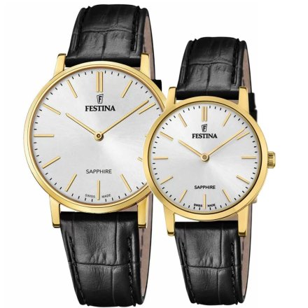Zestaw zegarków dla pary Festina 20017 + 20016 złote, skórzane, szafirowe szkło