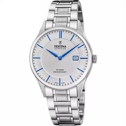 Festina Swiss Made 20067/3 Zegarek Męski ze srebrną tarczą na bransolecie