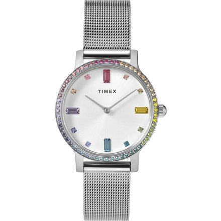 Timex Transcend TW2W79000 srebrny zegarek damski z kolorowymi indeksami