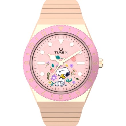 Timex Q Peanuts TW2W83800 różowozłoty zegarek damski z rozciąganą bransoletką