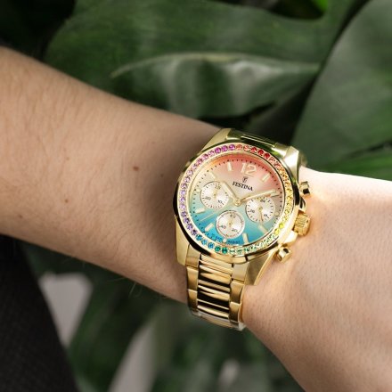Festina Boyfriend 20609/5 Zegarek Damski złoty z kolorową tarczą z cyrkoniami