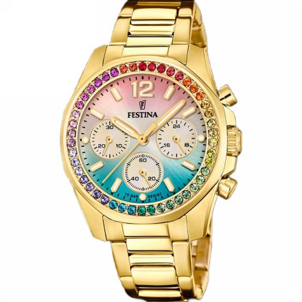 Festina Boyfriend 20609/5 Zegarek Damski złoty z kolorową tarczą z cyrkoniami