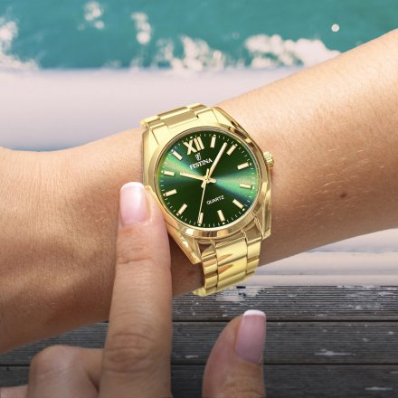 Festina Boyfriend 20640/9 zegarek damski złoty z zieloną tarczą na bransolecie