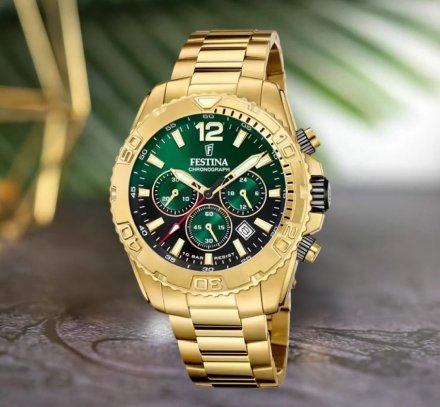 Festina Timeless Chronograph 20684/3 Zegarek Męski złoty z zieloną tarczą chronograf