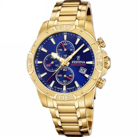 Festina Timeless Chronograph 20705/3 Zegarek Męski złoty z niebieską tarczą chronograf