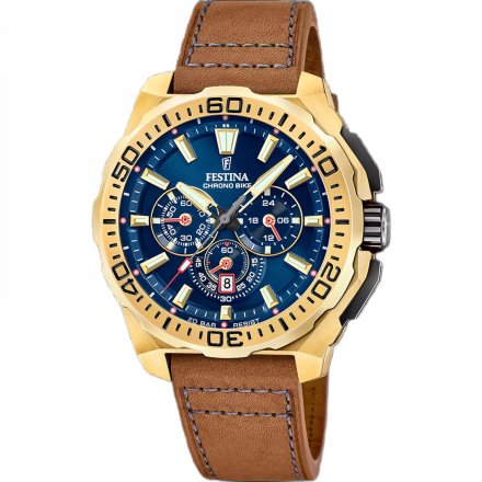 Festina Chrono Bike 20728/1 zegarek męski złoty z brązowym paskiem chronograf