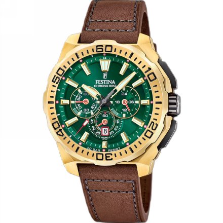 Festina Chrono Bike 20728/2 zegarek męski złoty z brązowym paskiem chronograf