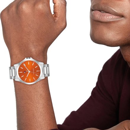 Tommy Hilfiger Bruce zegarek męski srebrny z pomarańczową tarczą 1710678