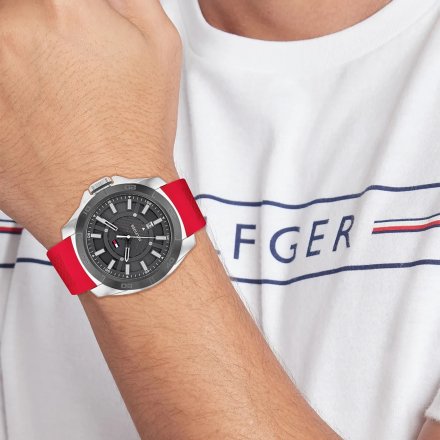Tommy Hilfiger Windsurf zegarek męski srebrny z czerwonym paskiem 1792135
