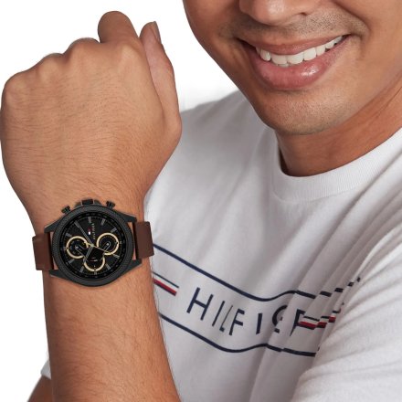 Tommy Hilfiger Clark zegarek męski czarny z brązowym paskiem 1792164