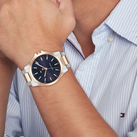 Tommy Hilfiger Bruce zegarek męski srebrno-złoty z granatową tarczą 1792193