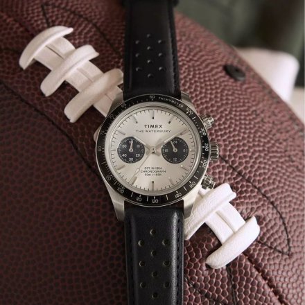 Timex Waterbury Heritage Chronograph TW2Y19300 Zegarek męski srebrny na czarnym pasku
