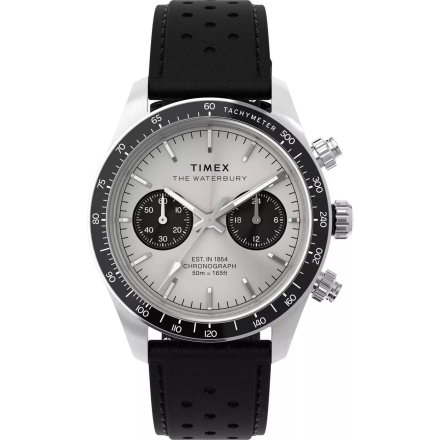 Timex Waterbury Heritage Chronograph TW2Y19300 Zegarek męski srebrny na czarnym pasku