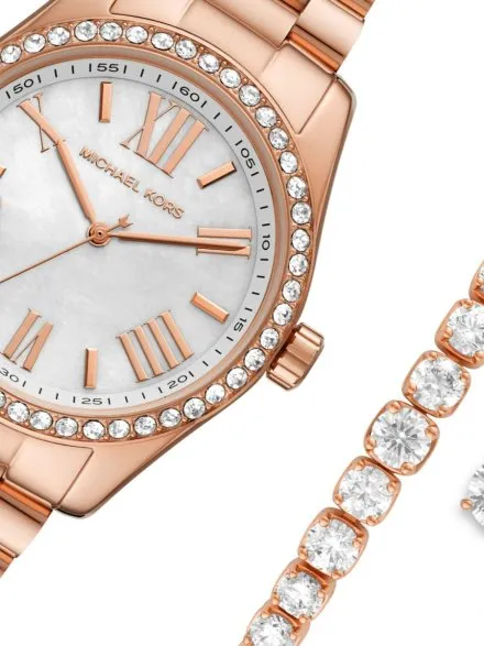 Michael Kors Lexington MK1088SET różowozłoty zegarek damski z bransoletką i kolczykami w zestawie