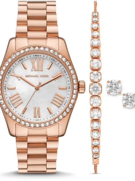 Michael Kors Lexington MK1088SET różowozłoty zegarek damski z bransoletką i kolczykami w zestawie
