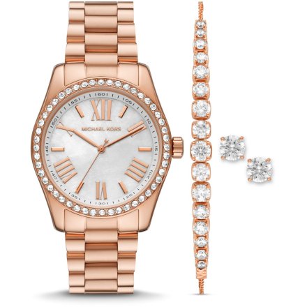 Michael Kors Lexington MK1088SET różowozłoty zegarek damski z bransoletką i kolczykami w zestawie