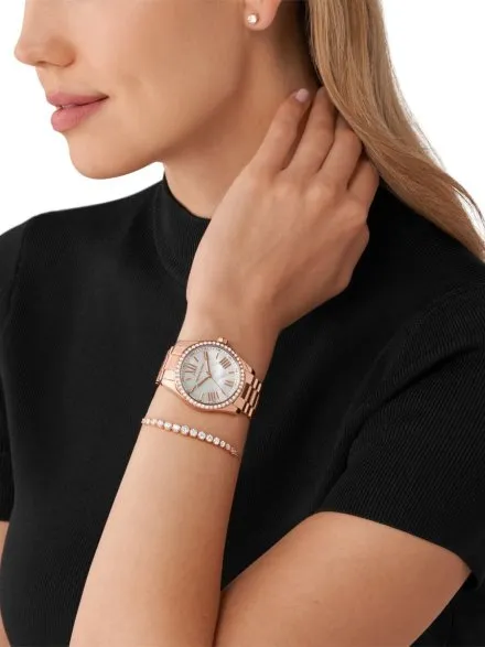 Michael Kors Lexington MK1088SET różowozłoty zegarek damski z bransoletką i kolczykami w zestawie