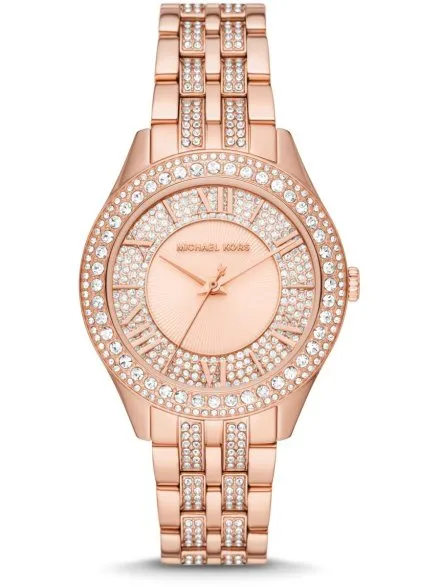 Michael Kors Harlowe MK4710 różowozłoty zegarek damski z kryształkami na bransolecie